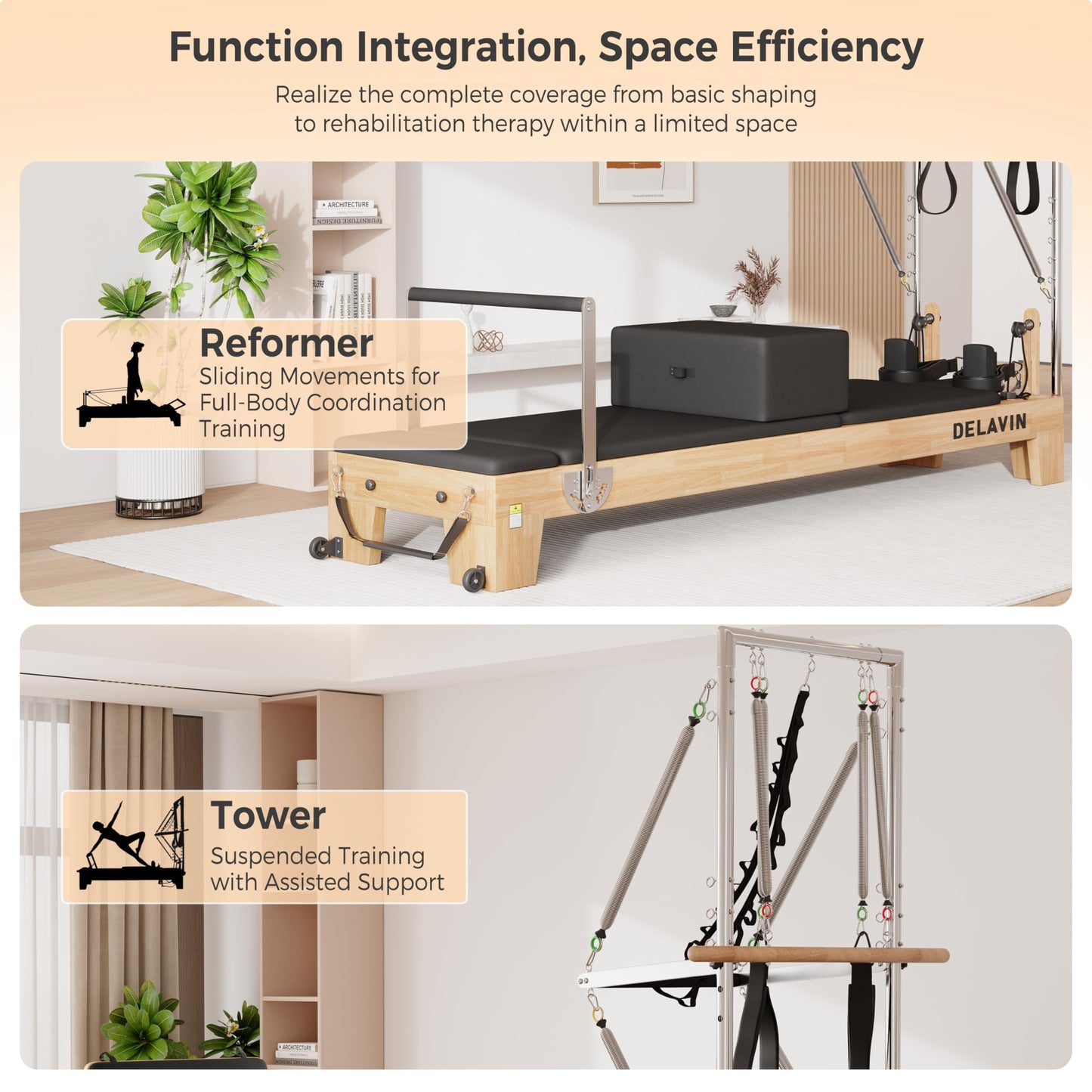 DELAVIN Pilates Reformer with Tower, Pilates Machines with Springs, Sitting Box, Jump Board and Accessories, Solid Wood Pilates Equipment for Studio, Gym and Home Workout