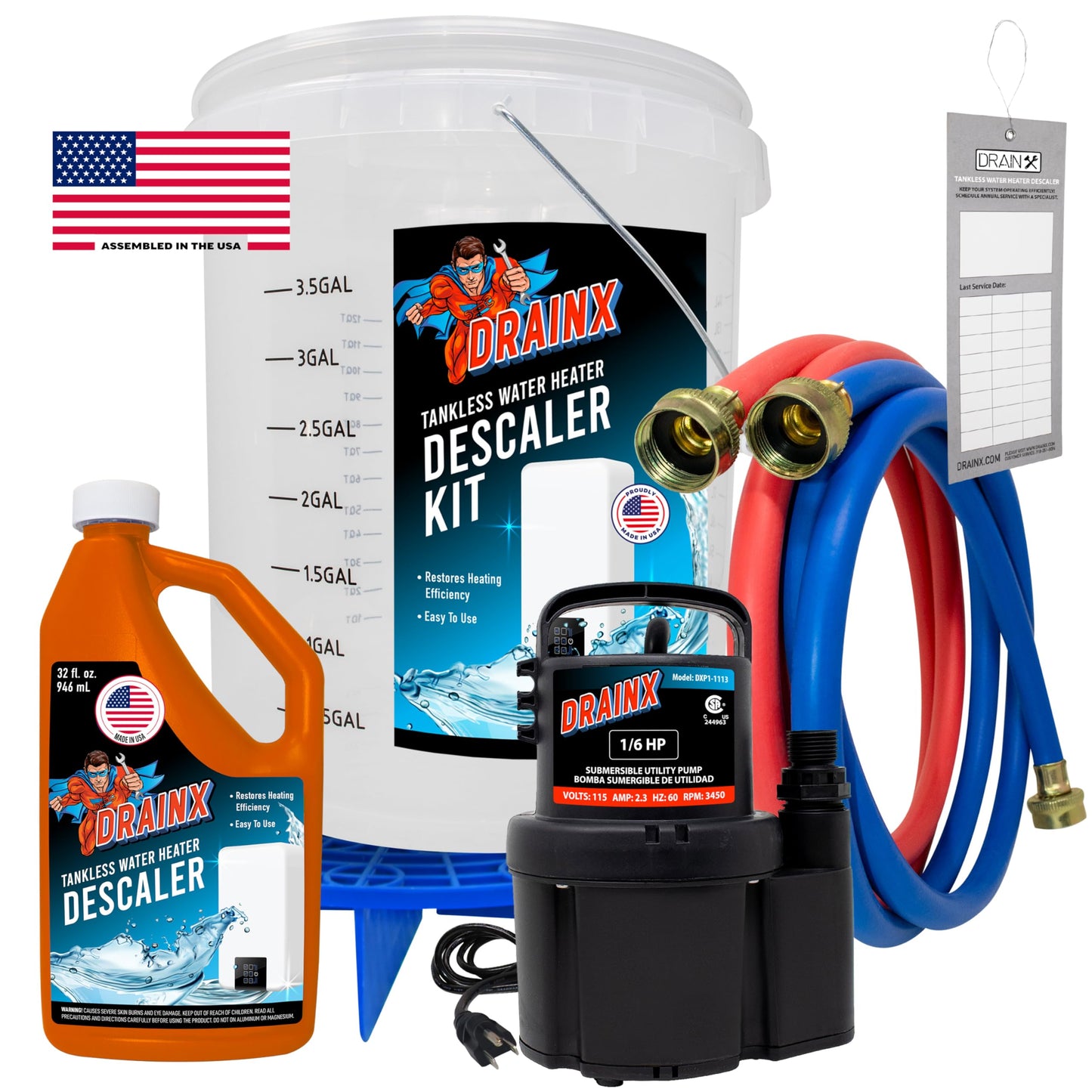 DrainX Tankless Water Heater Flushing Kit Includes Submersible Pump, Hoses, Liquid Descaler Solution, and Measuring Bucket