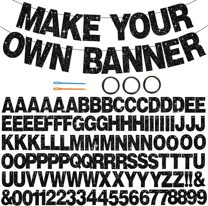 BEISHIDA 116 PCS A-Z Glitter Black DIY Letter Banner Kit Make Your Own Banner，Including 111 Letters and Numbers 3 Rope and...