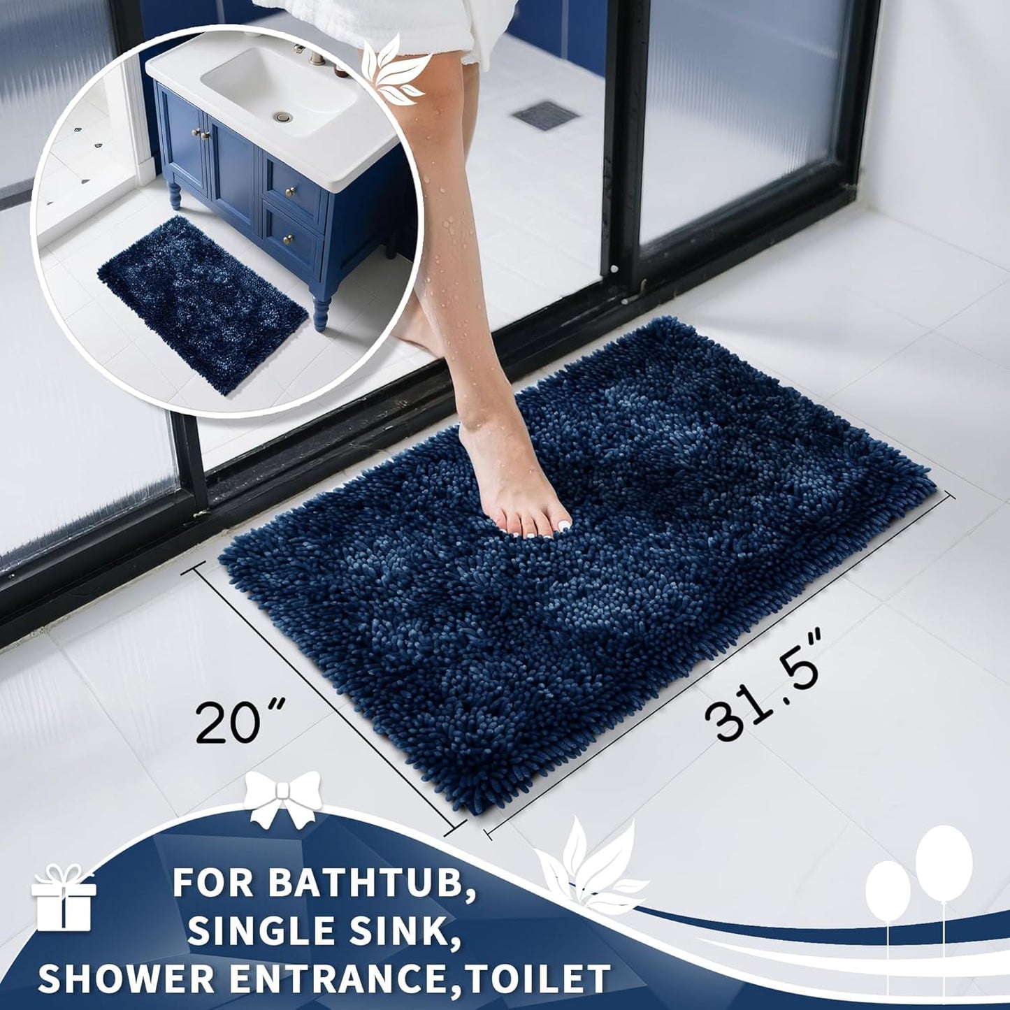 Yimobra Chenille Bathroom Rugs Non Slip, Extra Thick Soft Absorbent Bath Rug 31.5x20 Inch, Machine Washable Quick Dry Bath Mat for Bathroom Floor, Tub and Shower, Home Decor Accessories, Navy Blue
