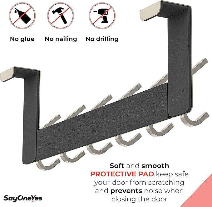 Brushed Nickel Over The Door Hooks, Heavy Duty Stainless Steel Door Hanger with 6 Double Hooks for Hanging Towels, Coats, Robes, Hats, Bags, No Drill Over Door Towel Rack for Bathroom, Bedroom, 2 Pack