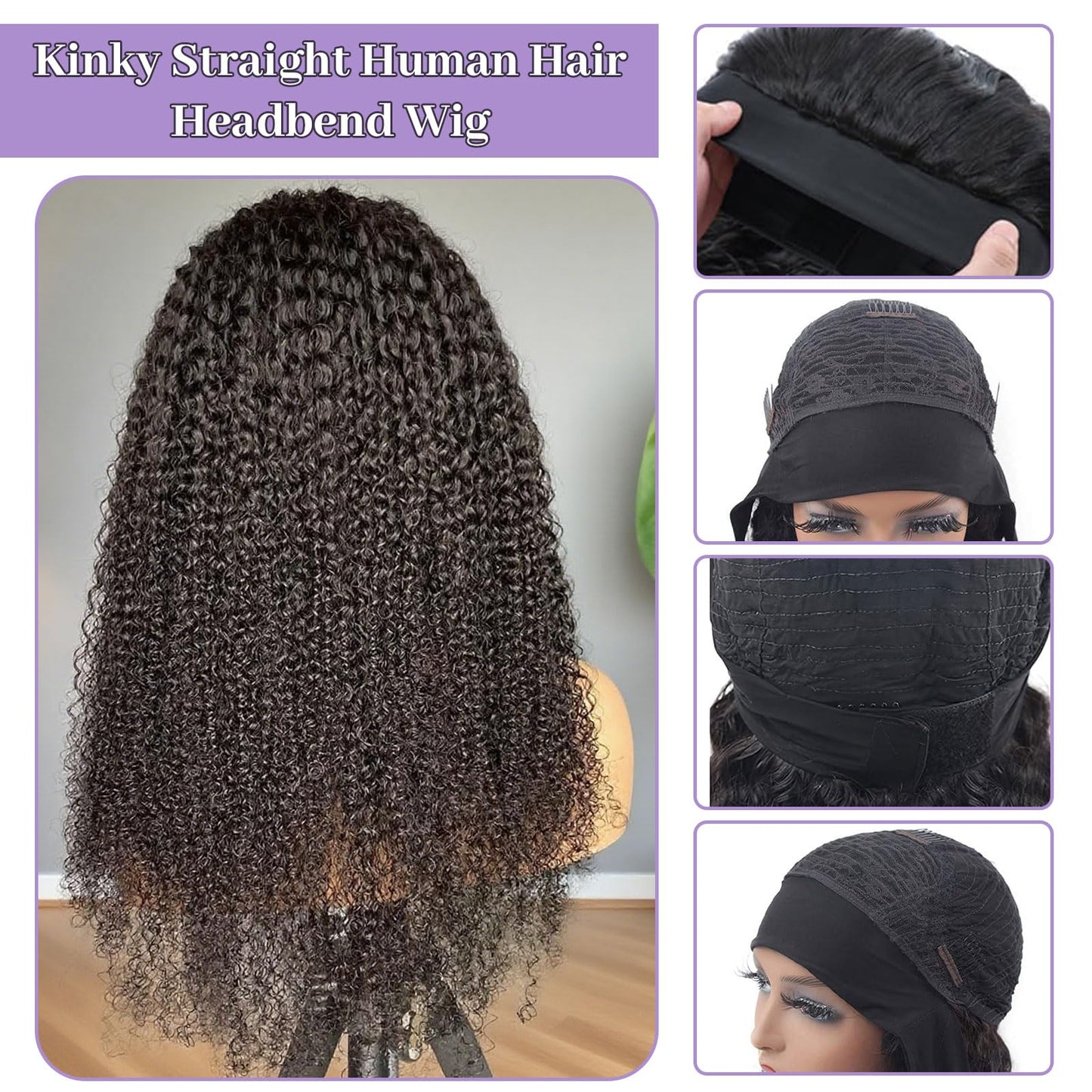 DSEKCAIN Kinky Curly Headband Wig Human Hair 22 inch 200 Density 100% Real Human Hair Curly Headband Wig No Glue No Sew In Gluel