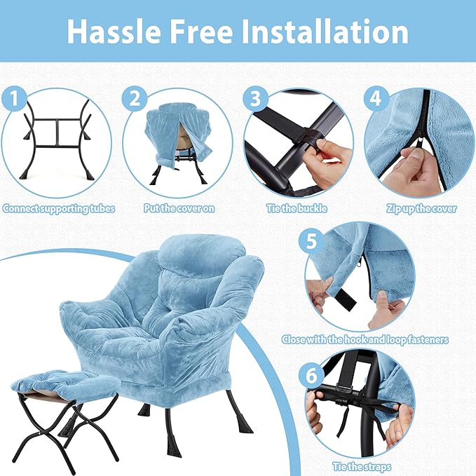 Youtanic Lazy Chair with Folding Ottoman, Accent Chair Plush Upholstered with Metal Structure and Non-Slip Pads, Sofa Armchair with Footrest and Side Storage Bag for Dorm, Room, Office, Blue
