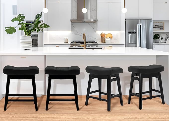 RNKSFX Counter Height Black Bar Stools Set of 3 for Kitchen Counter, Backless Farmhouse Kitchen Island Barstools with Upholstered Faux Leather Saddle Seat and Solid Wood Legs Modern 24 inch Bar Chairs
