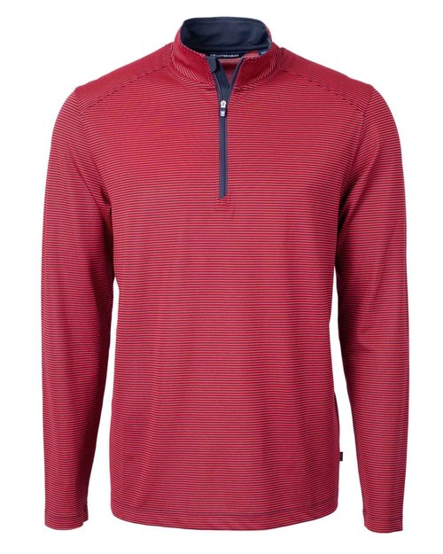 Cutter & Buck Mens Virtue Eco Pique Micro Stripe Recycled Quarter Zip Shirt, Red/Navy Blue, Large US