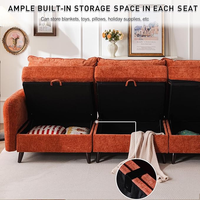 Rexulqo 104'' Modular Sectional Sofa with All Seats Storage,Oversized 3-Seater Comfy Cloud Couches with Deep Seat,Big Couch for Living Room,Bedroom,Velet,Orange