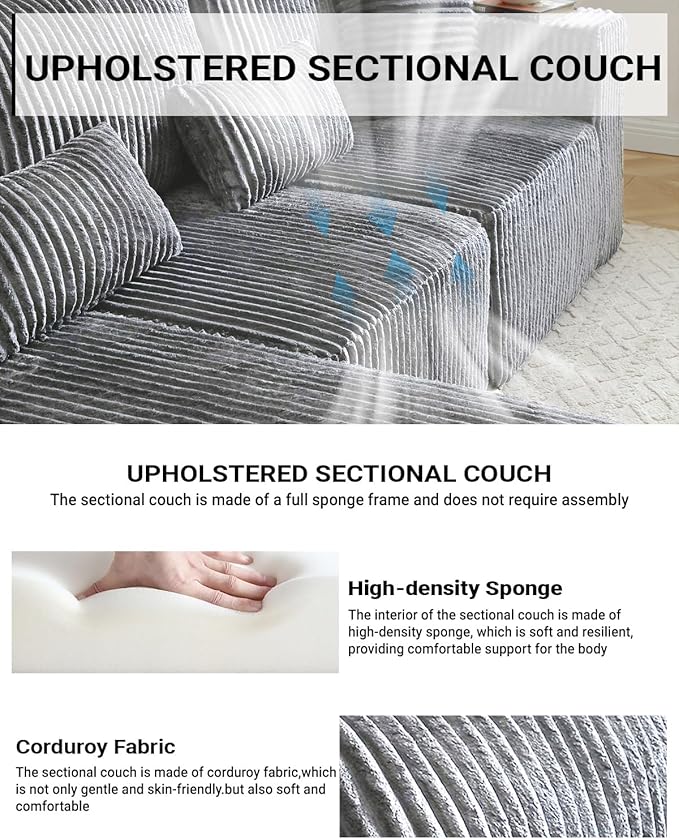110” Modular Sectional Sofa, Cloud Sectional Couch with Deep Seat, Upholstered Boneless Couches for Living Room, Modern Modular L-Shape Sofa Couch with Chaise (Grey, 110" Left Facing Chaise)
