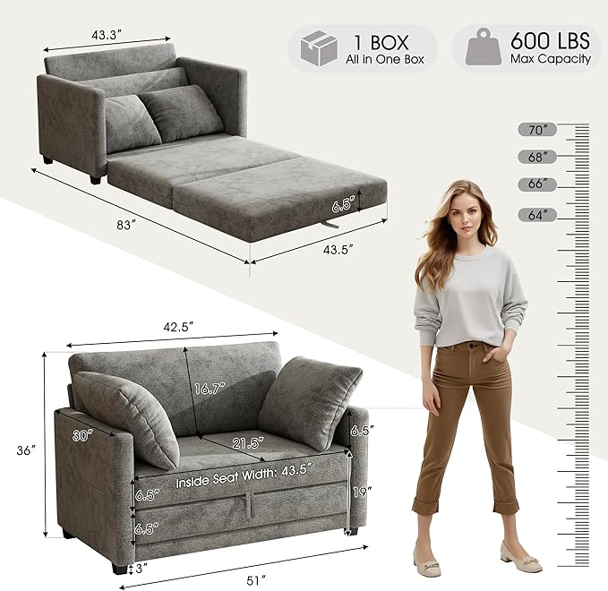 kakuboohi 51" Loveseat Sleeper Sofa Bed, Chenille Convertible Floor Sofa Bed for Small Spaces, Folding Couch Bed with Deep Seat, 2 Pillows & Solid Frame, Pull Out Floor Couch for Living Room, Grey
