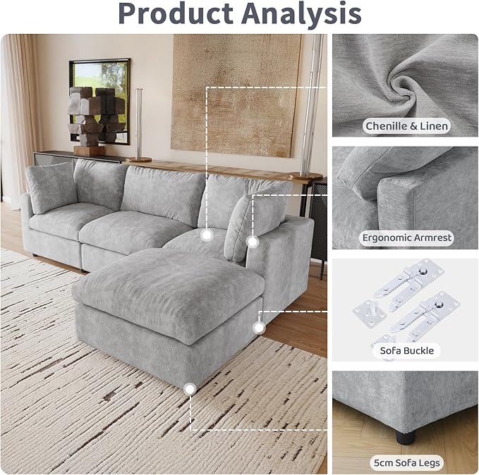 Cloud Couch Modular Sectional Sofa,100.5" U Shaped Couch, Oversized Convertible Wide Seater,3 Seater with 2 Ottomans for Living Room Set, Covers Washable&,Gray