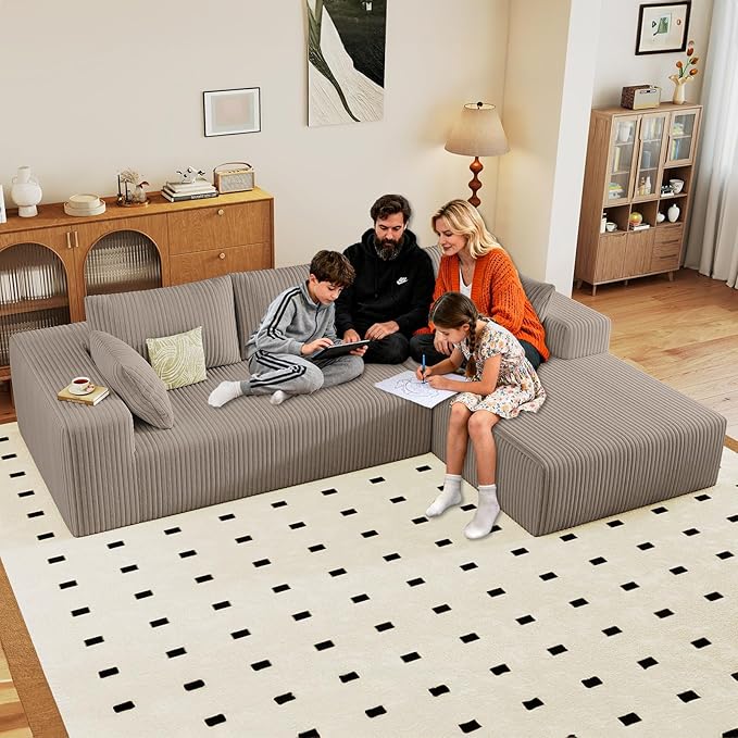 96" Cloud Sectional Couch with L-Shape Chaise, Modern Corduroy Boneless Couch for Living Room,Memory Foam Sofa with Deep Seat,No Assembly Required (Camel,Right-Facing Chaise)