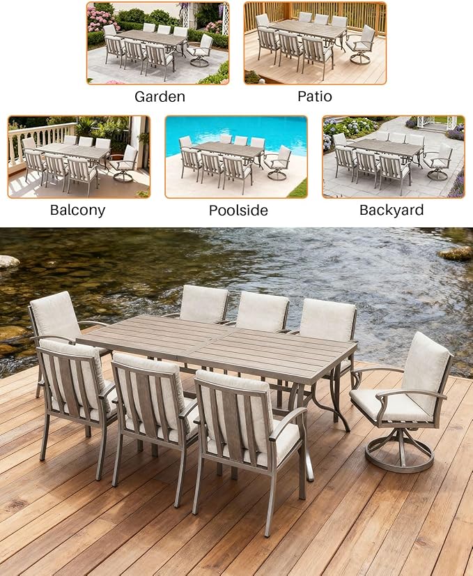 SEEHILL Patio Dining Table for 8, Aluminum Outdoor Dining Table with Umbrella Hole, 84" x 38.6" Rectangular Patio Table for Outside, Outdoor Patio Table for Deck, Garden Poolside, Limed Oak