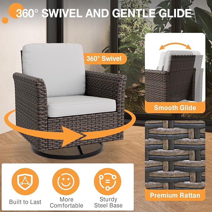 COOS BAY Harbor Retreat 8 Piece Outdoor Furniture Set, Patio Conversation Set with Swivel Rocking Chairs, Patio Chairs, Couch, Side Table and Ottomans, Wicker Furniture, Brown/Beige