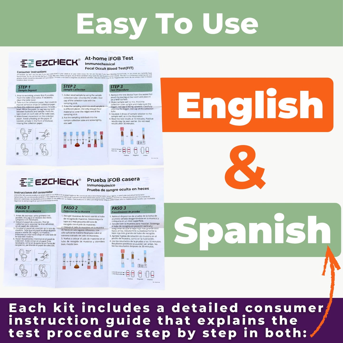 EZCHECK® at-Home iFOB Test (2 Tests) Immunochemical Fecal Occult Blood Test (FIT) for Colon Health Screening, Colon Cancer Screening, Colorectal Cancer Screening, Colon Disease Test
