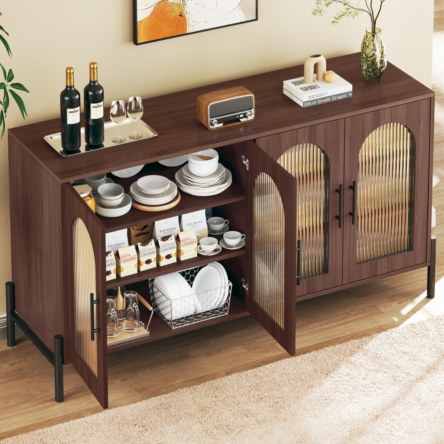 HUAHUU Sideboard Buffet Cabinet with Storage, 55" Modern Sideboard Cabinet with 4 Fluted Arcylic Doors & Adjustable Shelves, Wood Buffet Console Table for Living Room, Kitchen, Dark Walnut