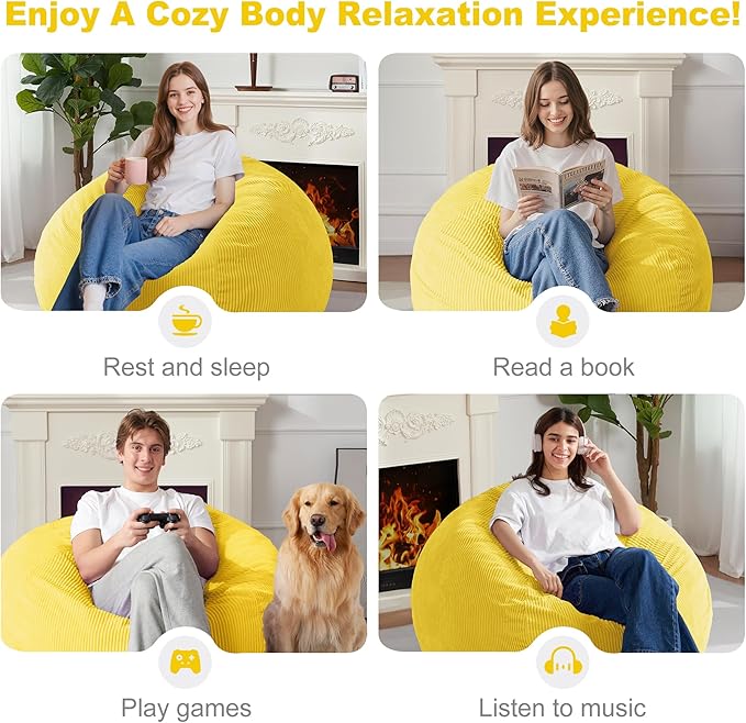 Homguava 3.5FT Bean Bag Chair: Teardrop Bean Bags with Memory Foam Filled, Compact Beanbag Chairs Soft Sofa with Corduroy Cover (Yellow)