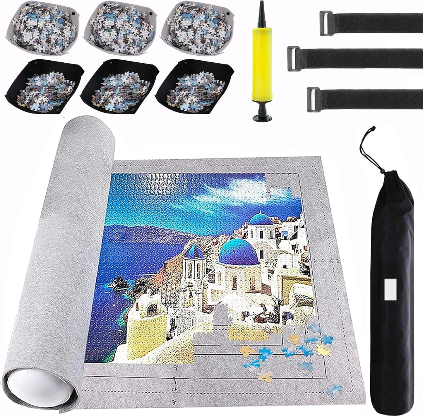 Puzzle Mat Roll Up for 3000 2000 1500 Pieces Jigsaw Puzzles, Large Portable Pad Table Non-Slip Board Saver Mats with 6 Sorting Trays, Inflatable Tube, 3 Straps, Keeper Storage Bag, Adults Gifts