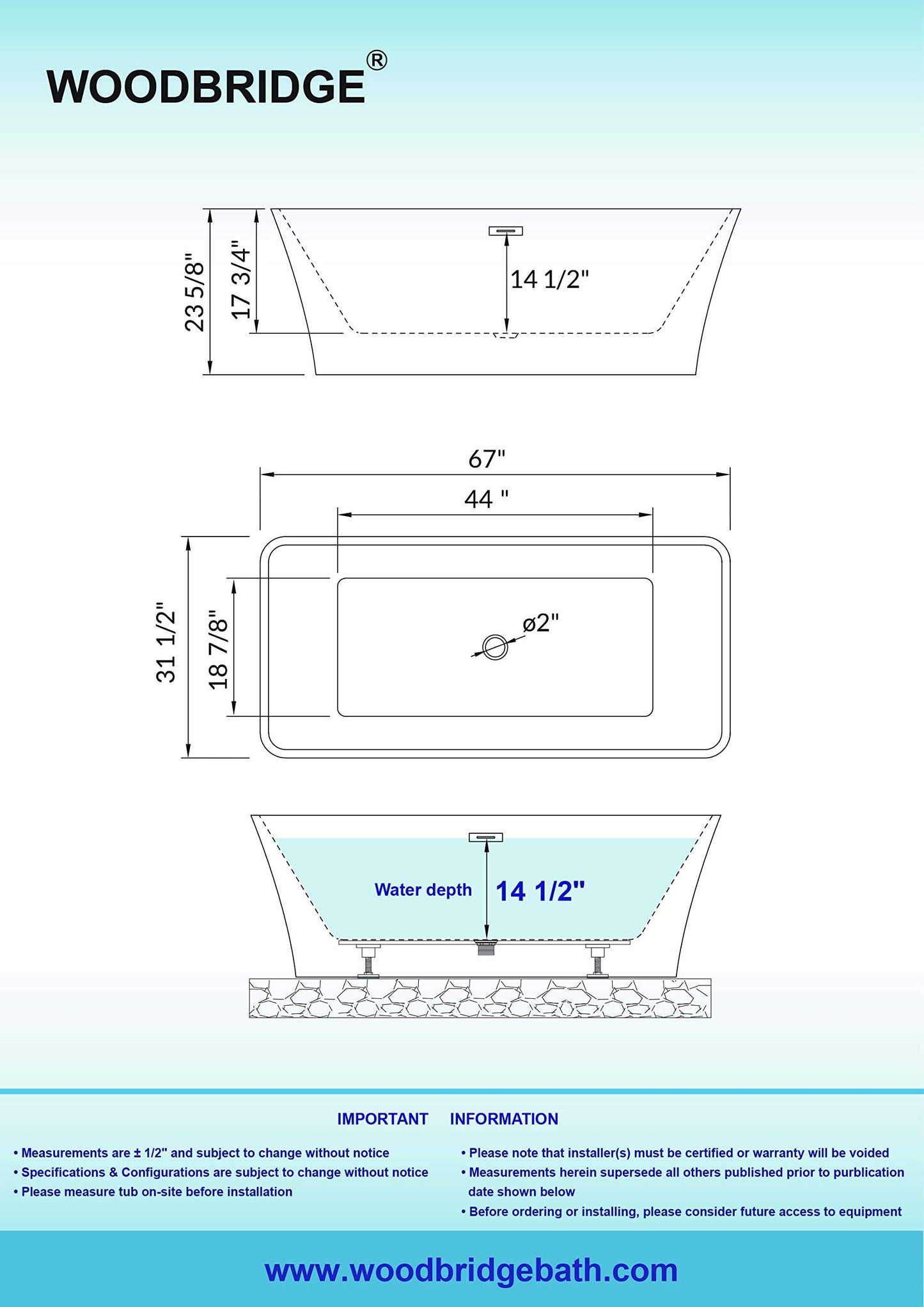 WOODBRIDGE 67" Acrylic Freestanding Bathtub Contemporary Soaking White Tub with Chrome Overflow and Drain，BTS1609 -C-Drain &O