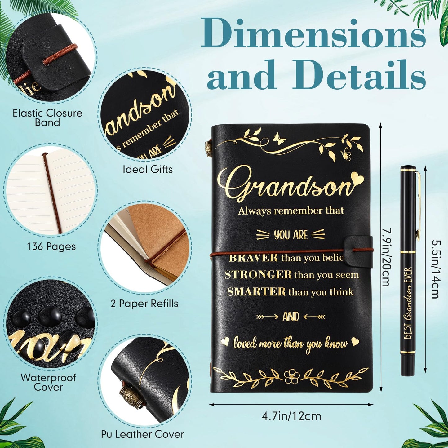 Teenyyou 5 Pcs Grandson Gifts from Grandma Grandpa Birthday Christmas Back to School Wedding Funny 16 oz Glass Cups Best Grandson Ever Socks Keychain Leather Refillable Journal Notebook Ballpoint Pen