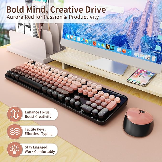 Wireless Keyboard and Mouse Combo, Retro Typewriter Keyboard with Round Keycaps, Full-Size Ergonomic, Aurora Red, Ideal for Windows PC, Home, Office, and College