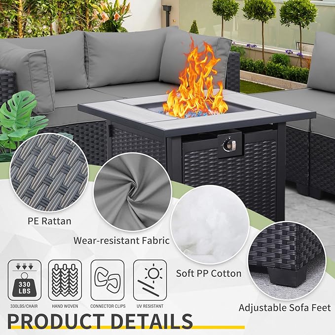 WAROOM Outdoor Patio PE Wicker 5 Piece Furniture Set, Black Rattan Sectional Conversation Sofa Chair with Square Propane Fire Pit Table, Grey Cushion