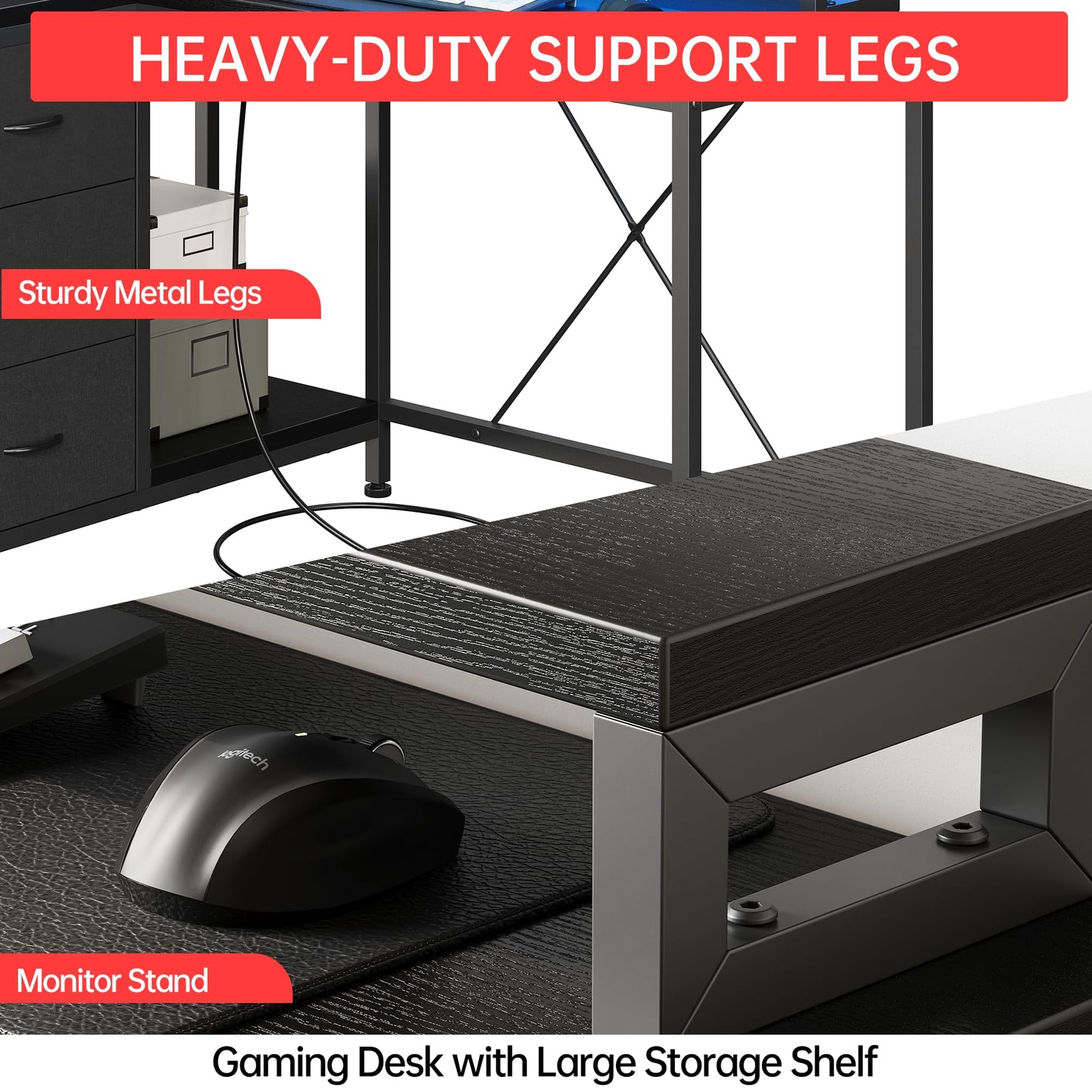 Hetoy L-Shaped Gaming Desk with Power Outlets, Corner Desk with Drawers, Shelves & LED Lights, Computer Desk for Home & Office