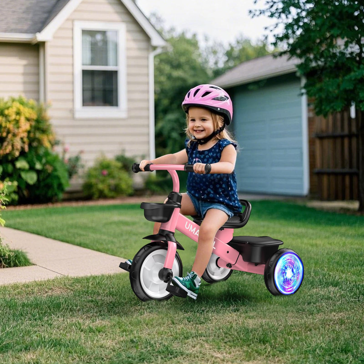 Umatoll Tricycle for Toddlers 2-5 Year Old, Ajustable Toddler Bike Outdoor Toys, Birthday Gift for Girl Age 2-4, Trike with Light up Wheels