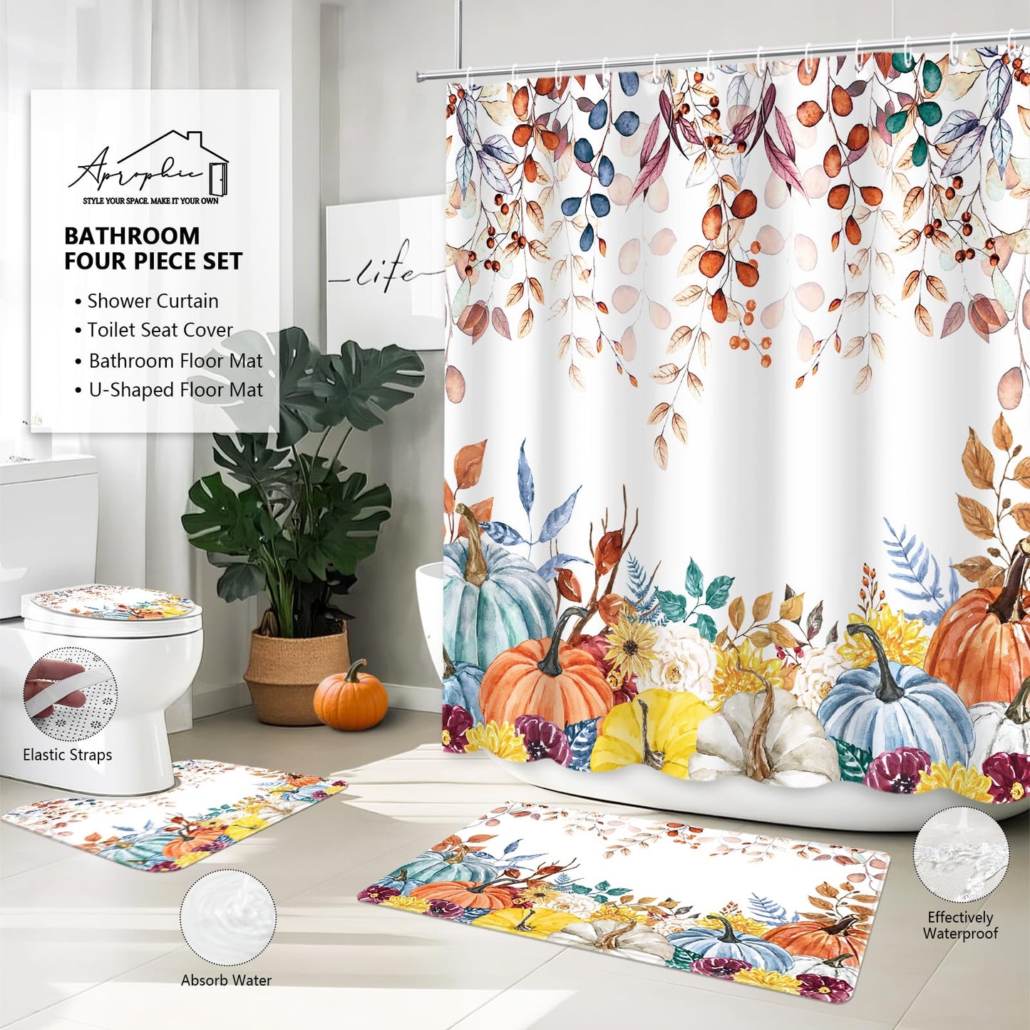 APROPHIC Fall Pumpkin Shower Curtain 4PCS, Thanksgiving Eucalyptus Leaves Pumpkin Shower Curtain Set,Farmhouse Boho Bath Decor with Non-Slip Rugs Toilet Lid Cover and Bath Mat