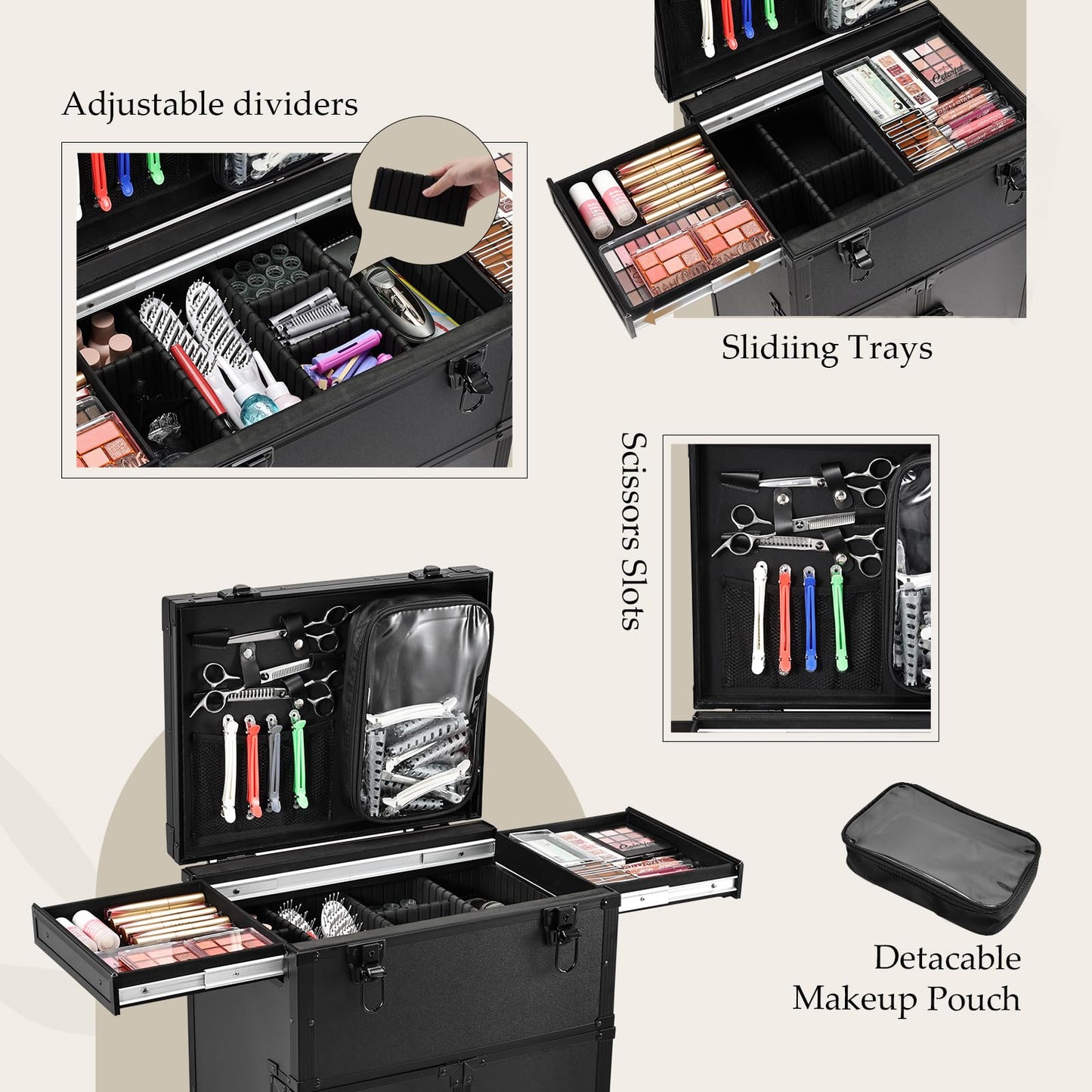Joligrace Professional Rolling Makeup Case 4 Drawers Pro Makeup Artist Cosmetic Train Case Hairstylist Travel Case Portable Make Up Station with Multiple Compartments Extra Large - Black