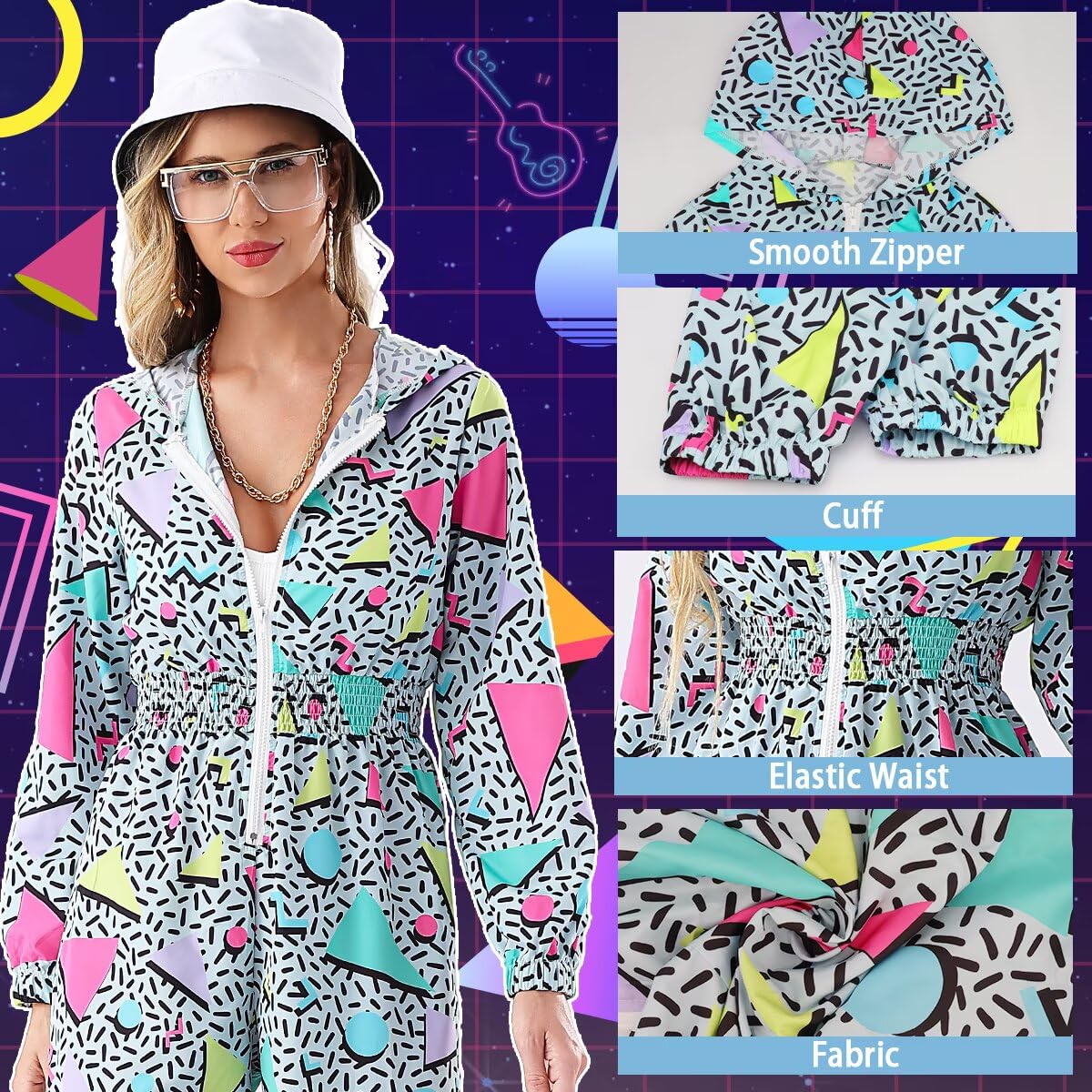 VillbeCoser Women Hoodies Jumpsuit Set, 80s 90s Neon Costume Tracksuit Outfit One Piece Windbreaker Jacket Rapper Suit(Green-A-S)