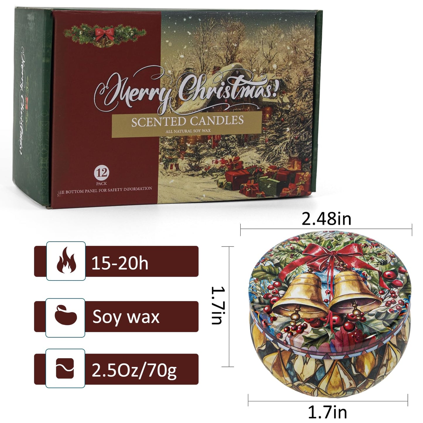 Yinuo Candle Christmas Scented Candles Gift Set – 12 Pack Long Lasting Soy Wax Holiday Candles in Decorative Tin Jars, Winter Home Decor, Relaxing Aromatherapy Gifts for Women & Friends