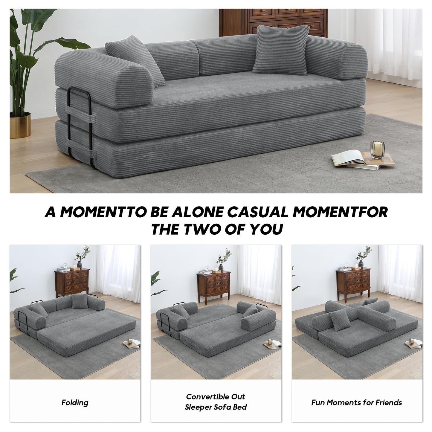 ZEIINPA Comfy Convertible Folding Mattress Couch, Floor Sofa Bed with Fixed-Shape Frame, Corduroy Floor Sofa with Armrest, Floor Sofa Lounge Couch for Living Room Bedroom Lounge Studio,Grey