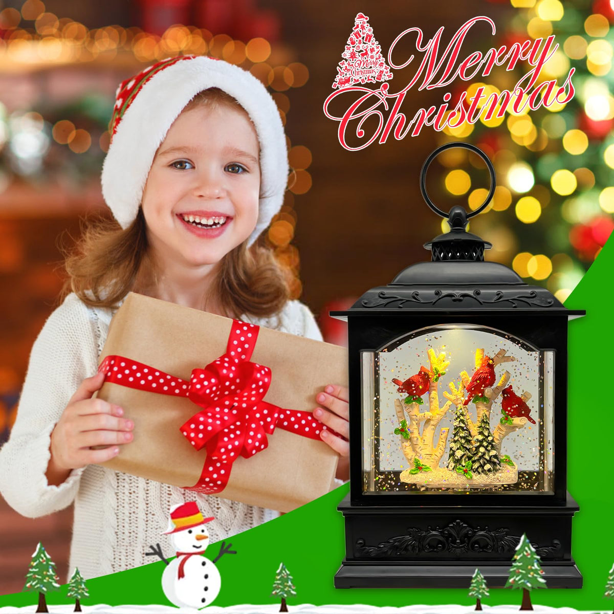 AOMIL Christmas Snow Globes Lantern with Music & Timer - USB/Battery Operated LED Glittering Globe Lantern, Snow Globe Decoration for Home Holiday Decor (Red Robin)