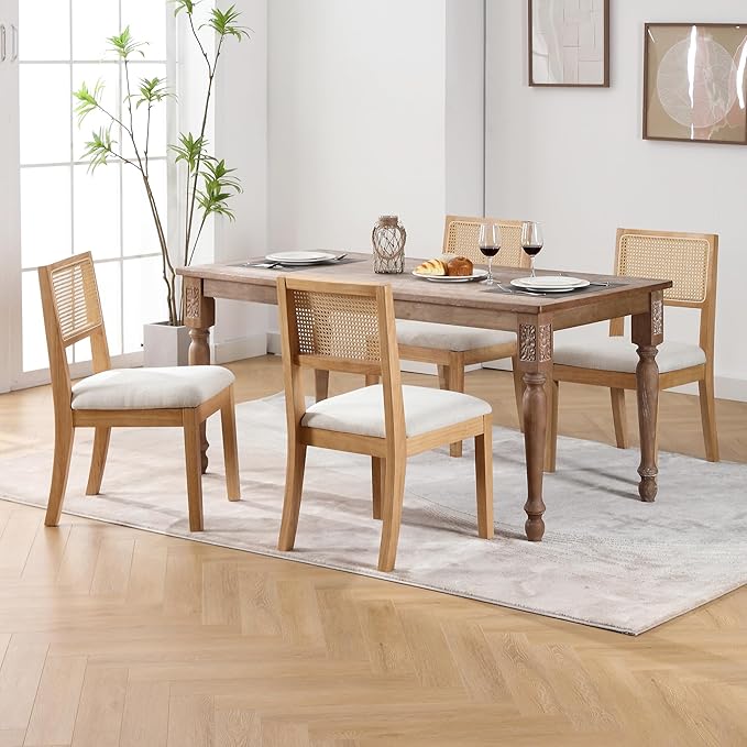Westice Rattan Dining Chairs Set of 2, Farmhouse Natural Dining Room Chairs with Upholstered Cushion, Wood Armless Chairs for Kitchen/Restaurant