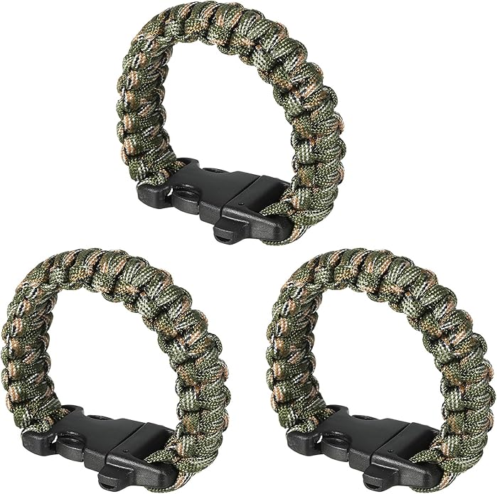 Survival Paracord Bracelets, 3 Pack Plaited Bracelet with Plastic Buckle Party Favors Camping Gifts Outdoor Wraps for Men,...