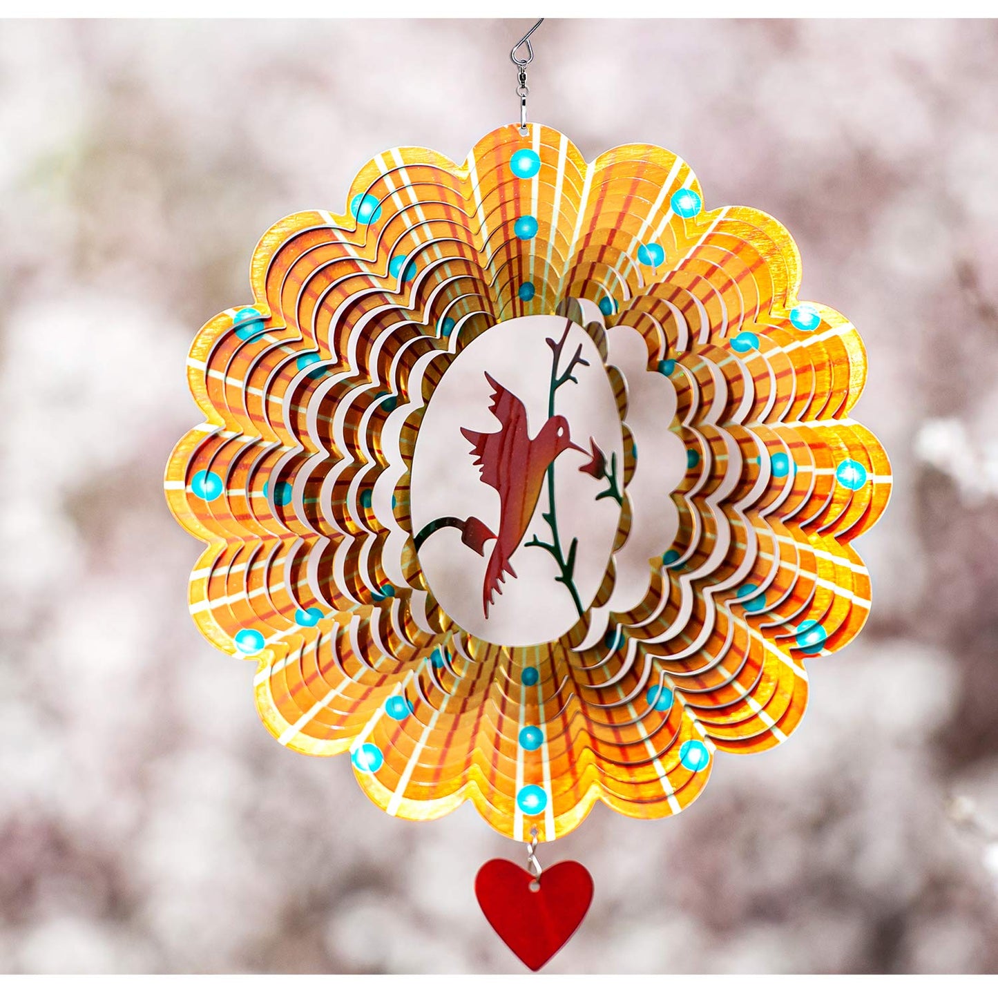 SteadyDoggie Wind Spinner - 12-Inch 3D Stainless Steel Lovebird Design with Heart Pendant - Laser Cut Metal Art Geometric Pattern - Hanging Kinetic Yard Garden Decor