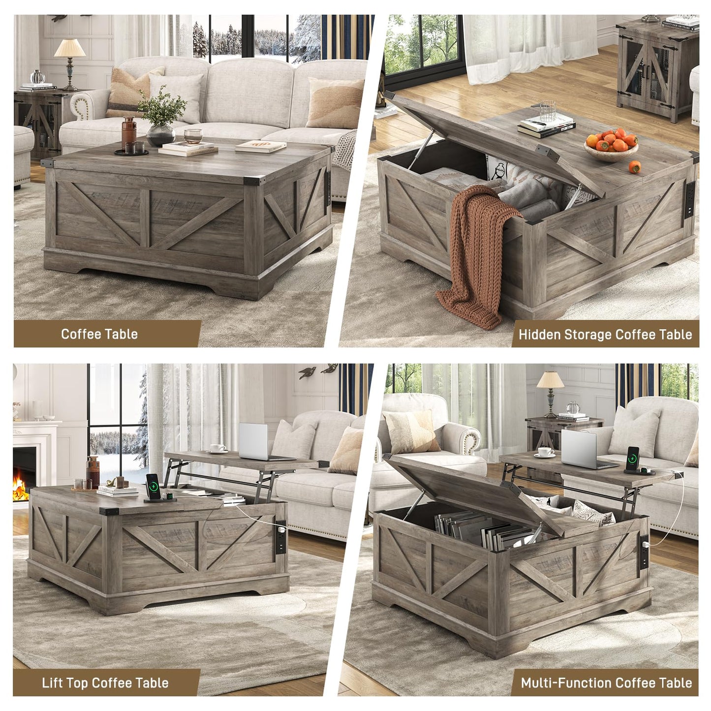 Hlivelood 40” Large Farmhouse Lift Top Coffee Table with Power Outlets and Large Hidden Storage, Square Wood Living Room Tables, Multi-Function Lift Wooden Barn Door Center Table, Grey
