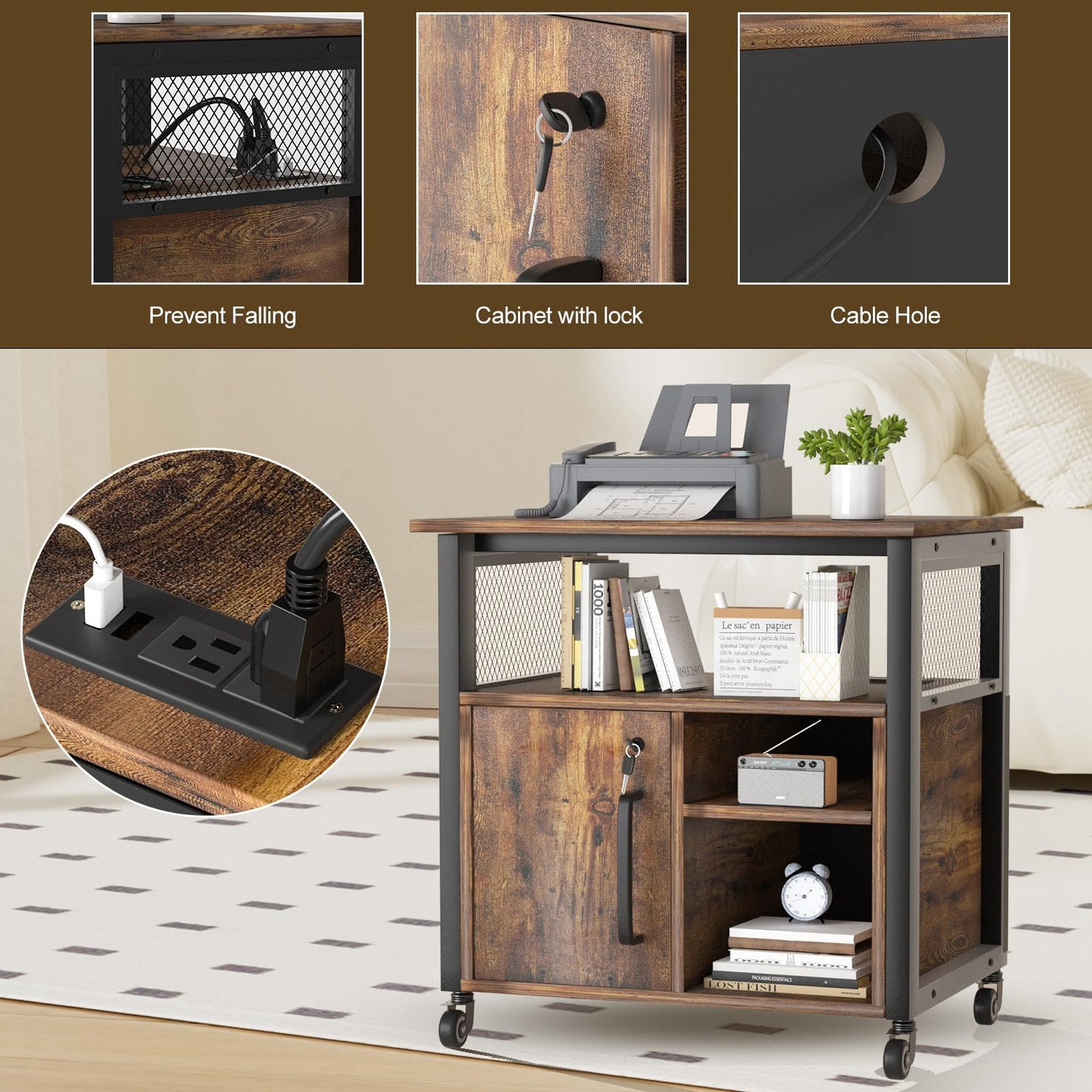 URLINE Lateral File Cabinet, Locking Office Filing Cabinets with Socket and USB Charging Port,printer cart with storage，Modern Rolling Printer Stand with Storage for Printer Scanner Fax，Brown