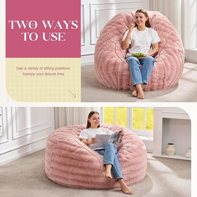 Hobestluk Bean Bag Chairs Beanbag Chair with Filler Adult Bean Bags with Fluffy Ripple Cover, Giant Bean Bag Chairs for Adults (Pink, 5FT - 50" x 50" x 24")