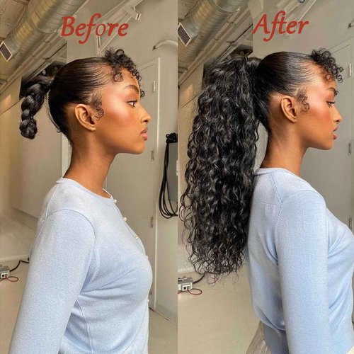 Ponytail Extension Drawstring Human Hair Clip in Pony Tail Hair Extensions for Black Women Curly Wave Thick Natural Looking Hair Pieces Water Wave Human Hair Ponytail（24Inch）