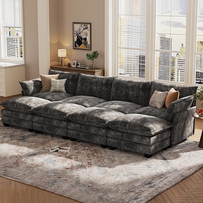 KKL 120" Huge Modular Sectional Sofa Bed, 8 Seater Convertible J/L/U-Shaped Sleeper Cloud Couch with Ottoman, Chenille Sectional Couches for Living Room, Apartment, Grey