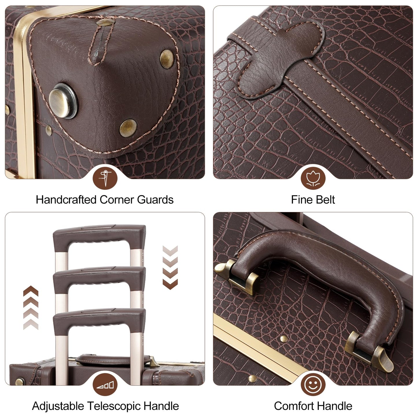 urecity Vintage Luggage Set of 2, Retro Suitcase Trunk with Wheels for Men and Women, Cute Designer Travel Luggage Set with Boarding Tote, Luggage Zipperless TSA Approved (20"+12", Brown)