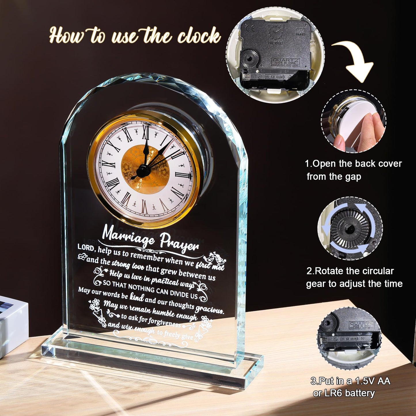 Glass Clock Wedding Gifts for Couples Newlywed 2025, Happy Anniversary Marriage Prayer Gift with Inspiring Quotes for Mr and Mrs, Engagement Presents Home Decoration