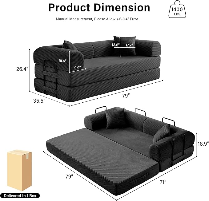 79" 5-in-1 Folding Convertible Sofa Bed, Oversized Corduroy Futon Floor Couch with Pull-Out Sleeper, Modular Boneless Loveseat for Small Spaces, Living Room, Bedroom (Black)
