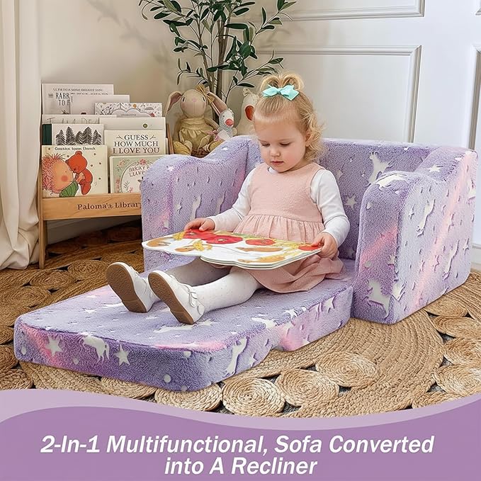 MeMoreCool Toddler Chair Comfy 1-3 Years Old, Kids Couch for Playroom, Convertible Glowing Unicorn Flip Out Sofa, Kids Furniture Floor Recliner Chair Bed