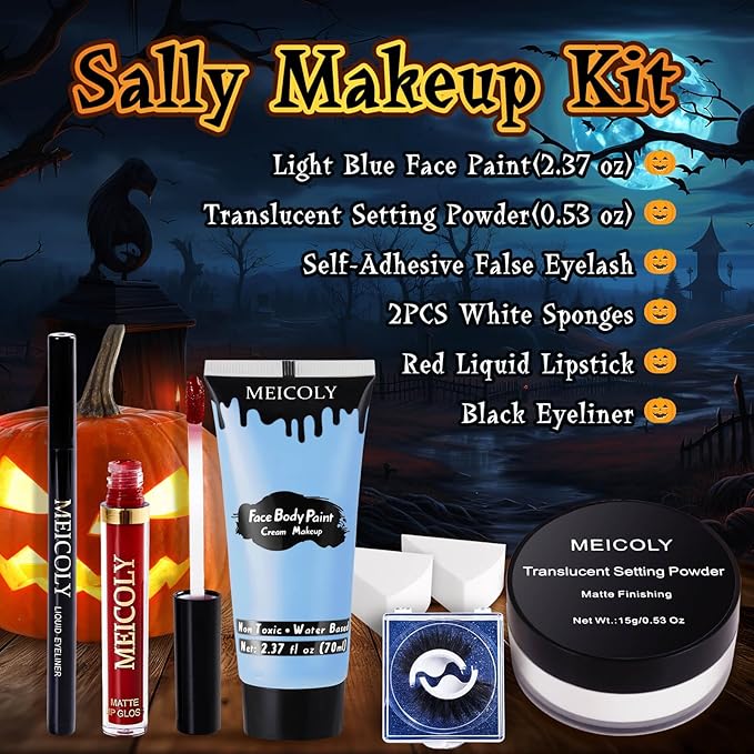 MEICOLY Sally Makeup Kit,Professional Sally Costume Corpse Bride Makeup,Light Blue Face Paint and Setting Powder Halloween Makeup Kit,Sally Face Cosplay,Liquid Eyeliner+False Eyelash+Lipstick+Sponges