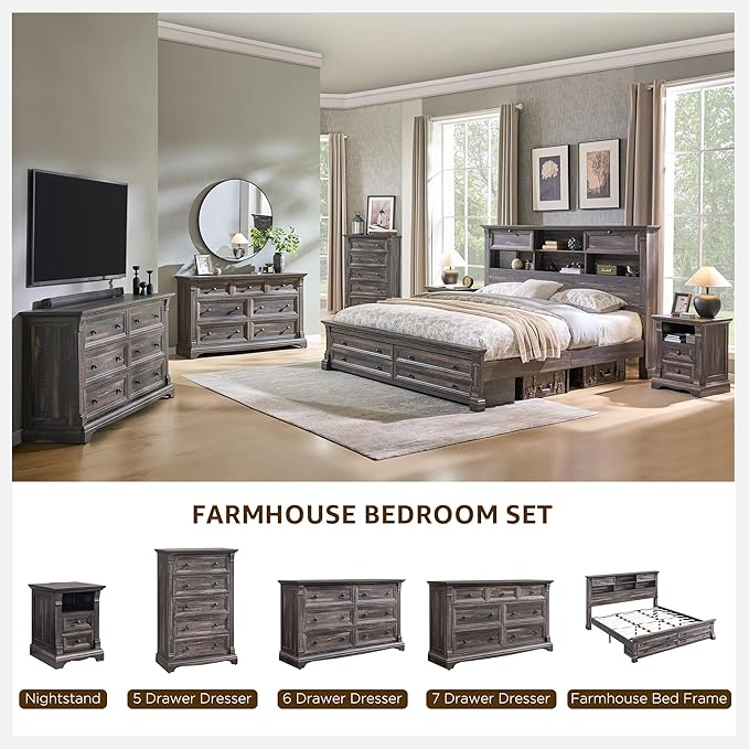 T4TREAM Farmhouse Nightstand Set of 2, 18" Sofa Side Table with Charging Station, Wood End Table w/Roman Column, Bedside Cabinet for Bedroom, Living Room, Dark Rustic Oak