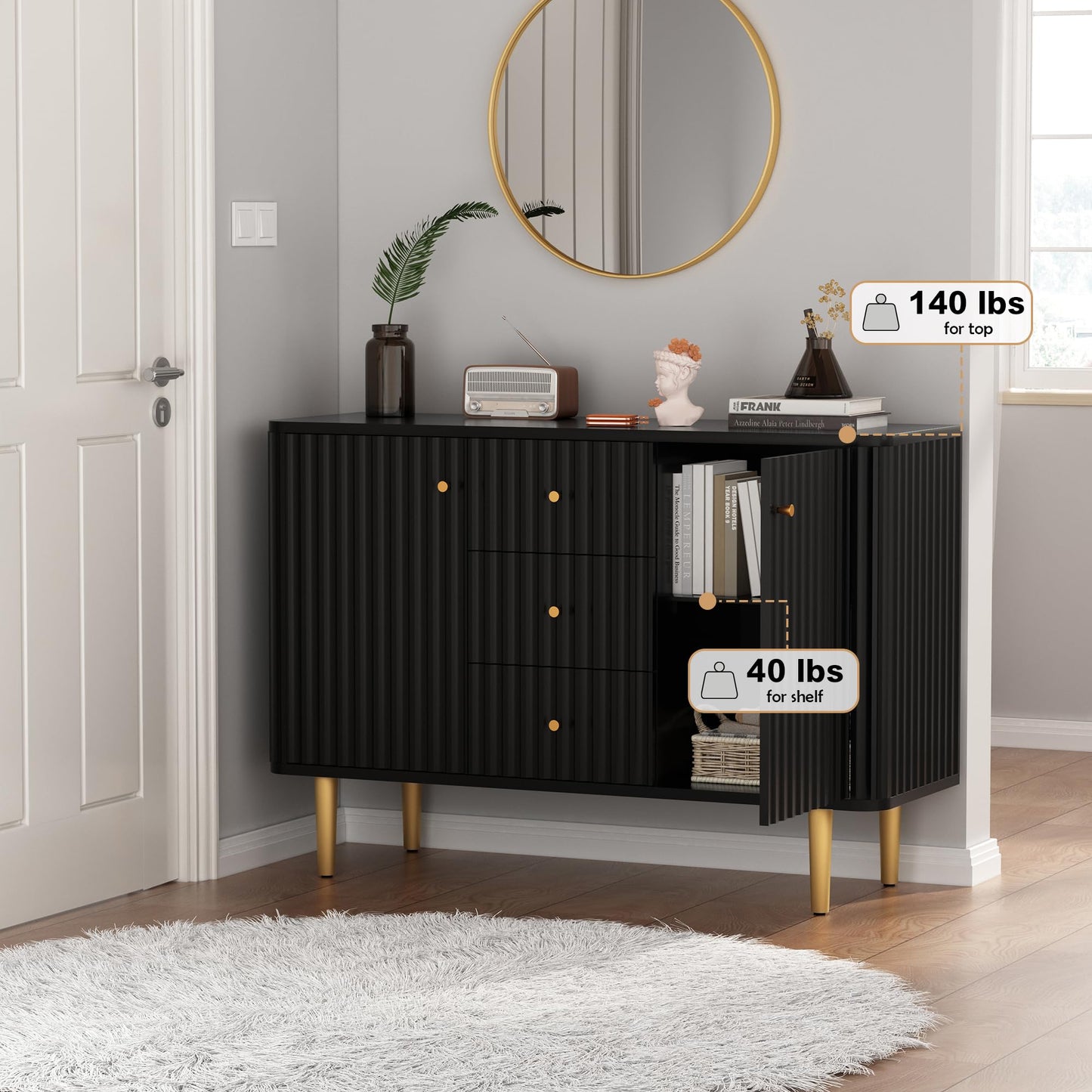 ARTPOWER Sideboard Buffet Cabinet with Drawers, 48" Fluted Accent Storage Cabinet, Modern Credenza for Entryway, Kitchen, Living Room, Black