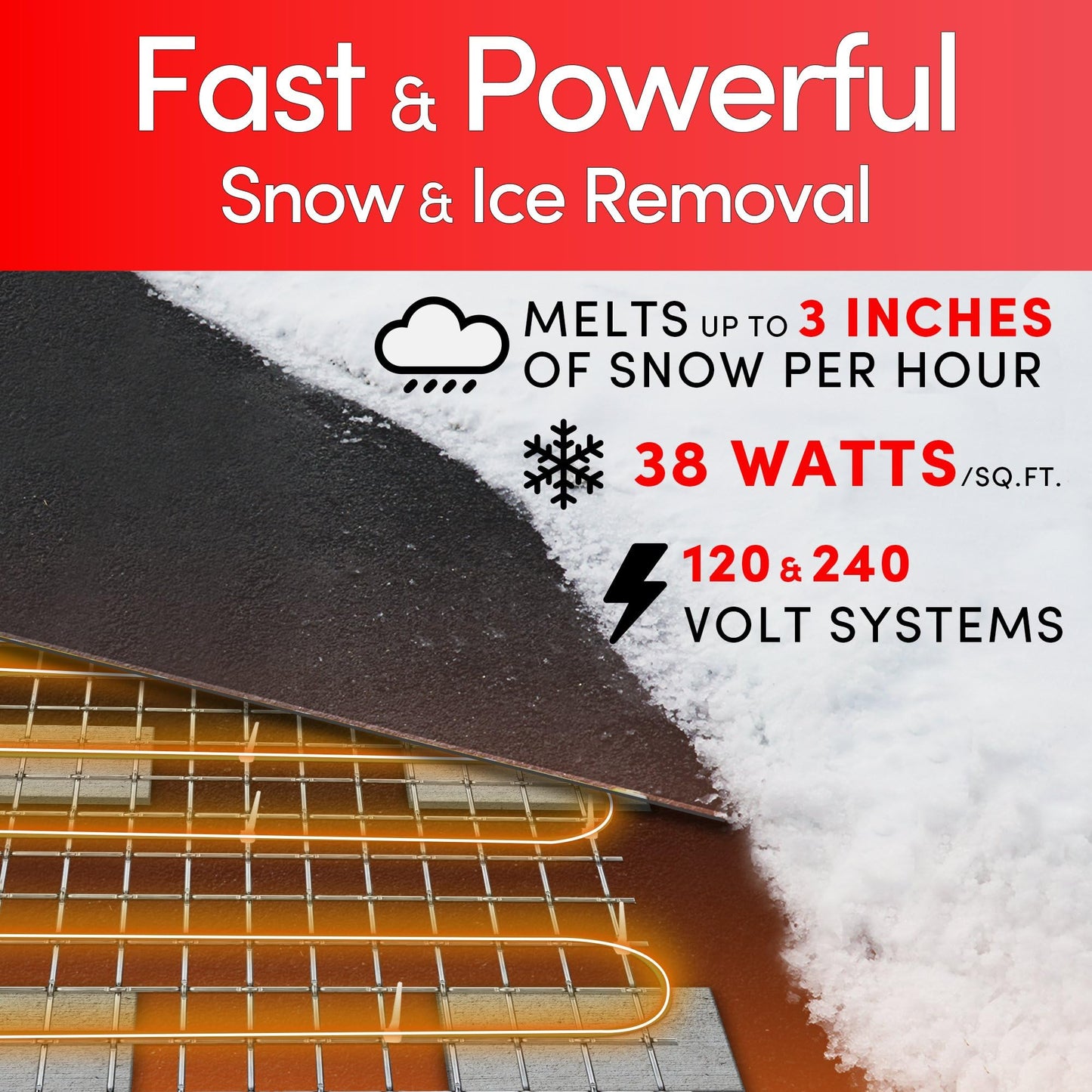 Electric Snow And Ice Melting Underground Cable 125.5 Feet, Covers 41 Sqft At Up To 38 Watts/Sqft, 120V - Radiant Heated Drivewa