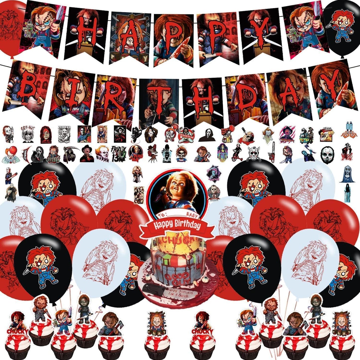 Chucky Party Decorations,Birthday Supplies For Horror Movie Includes Banner - Cake Topper 12 Cupcake Toppers 18 Balloons -50 Stickers
