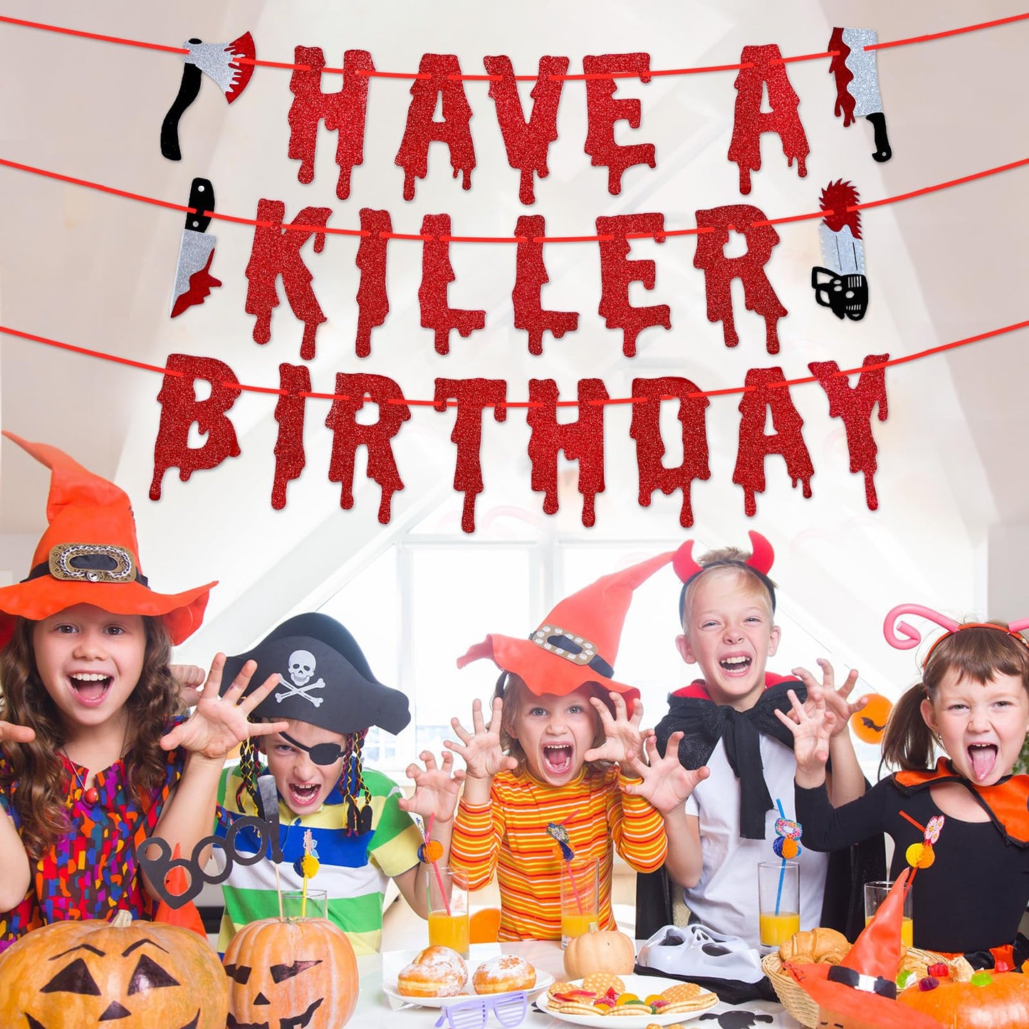 Red Glitter Have a Killer Birthday Banner - Pre-Strung Halloween Hanging Paper Garland Bunting Banner Bloody Decorations, Photo Backdrop for Wall Home Mantel Office Wall Scary Party Supplies
